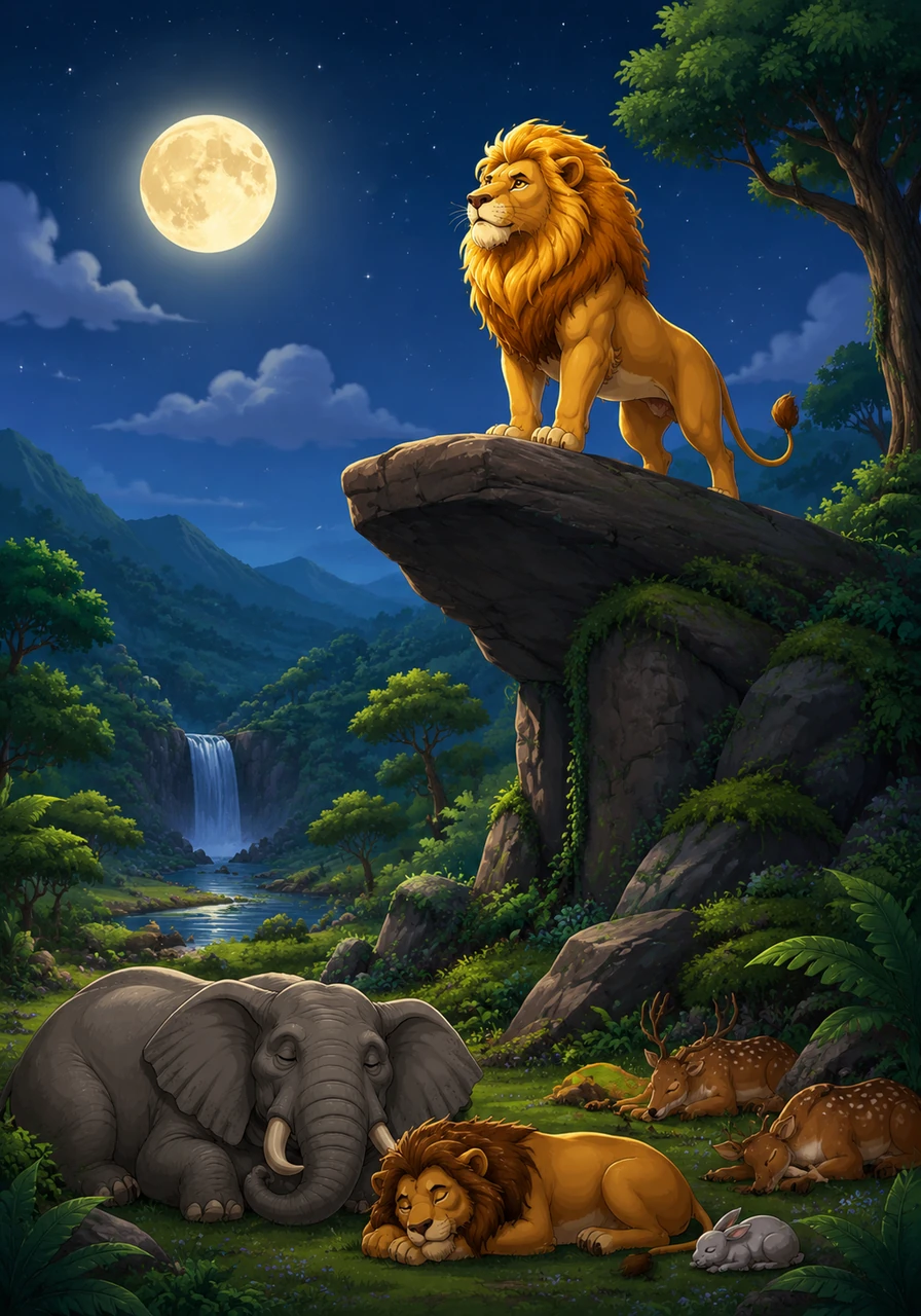With the jungle lush and green once more, Leo returns to his high rock as the moon rises over a peaceful kingdom. He stands tall, a true protector of the wild, while the animals below sleep safely under his watchful gaze.