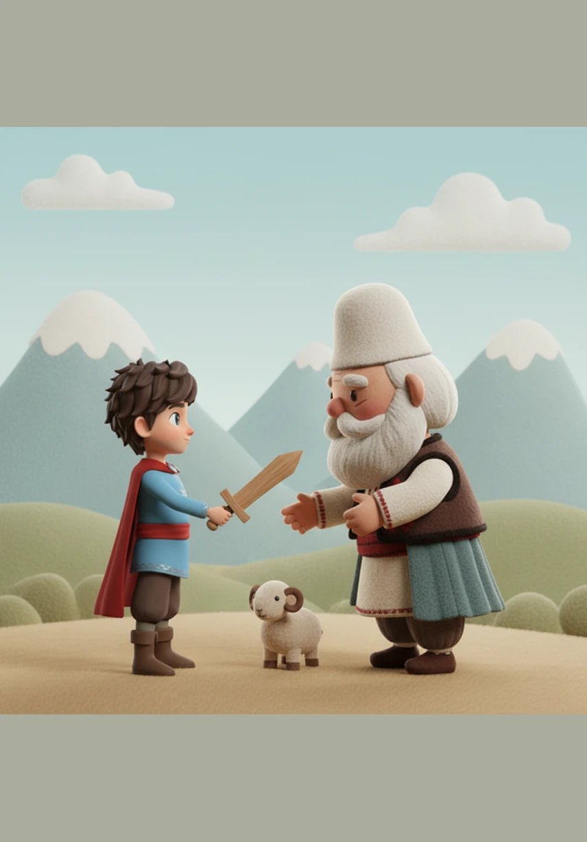 Gjyshi i tij, me duart që dridheshin lehtë nga mosha, uroi mirëseardhjen e nipit dhe hoqi nga muri lahutën e vjetër prej druri. Ai i shpjegoi Gjergjit se ky instrument nuk ishte thjesht dru e korda, por vetë zëri i maleve dhe kujtesa e kombit tonë.