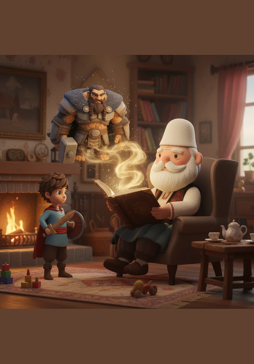 Sapo gjyshi filloi t'u binte kordave, muret e dhomës u zhdukën dhe u zëvendësuan nga majat e larta e me dëborë të Alpeve Shqiptare. Qielli u mbush me një dritë të artë që rrezatonte nga faqet e poemës së madhe të Fishtës, duke e kthyer dhomën në një botë legjendash.