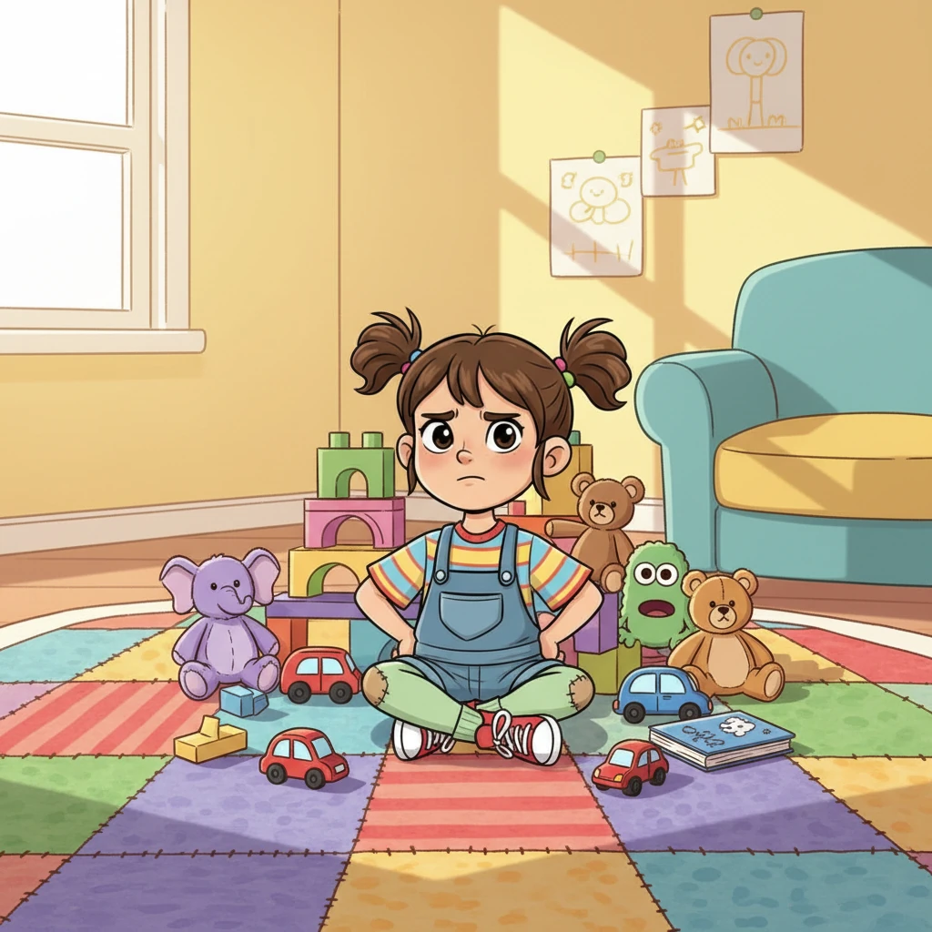 איה הקטנה יושבת על שטיח צבעוני באמצע החדר שלה, מוקפת בהר של צעצועים. בובות פרווה, קוביות, מכוניות וספרים מפוזרים לכל עבר. היא נראית קצת אבודה ומבולבלת, עם ידיים על המותניים ופרצוף של 'מה עושים עכשיו?'