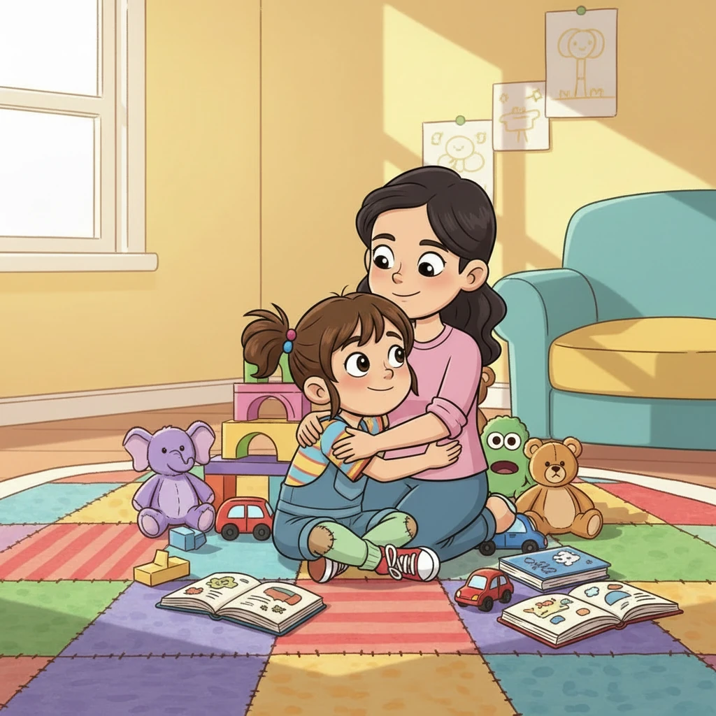 אמא נכנסת לחדר, חיוך רחב על פניה. היא רואה את הבלגן ואת איה המתוסכלת. אמא כורעת ליד איה ומחבקת אותה בעדינות, מציעה עזרה ותמיכה בלי לגעור.