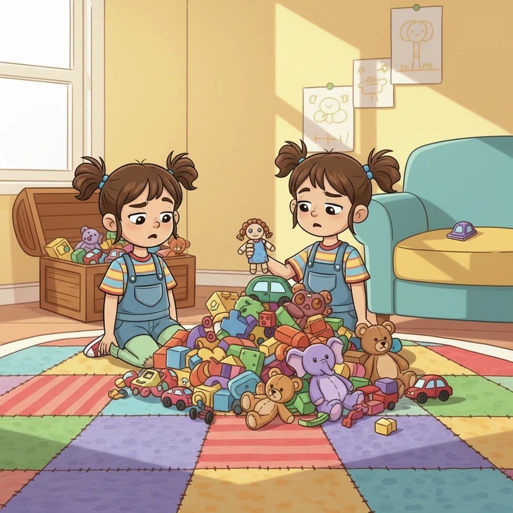 איה מנסה להתחיל לסדר לבד. היא מרימה בובה אחת, מניחה אותה בצד, ואז מסתכלת על ההר העצום של הצעצועים שנותרו. היא נאנחת, מרגישה שהמשימה גדולה מדי בשבילה.