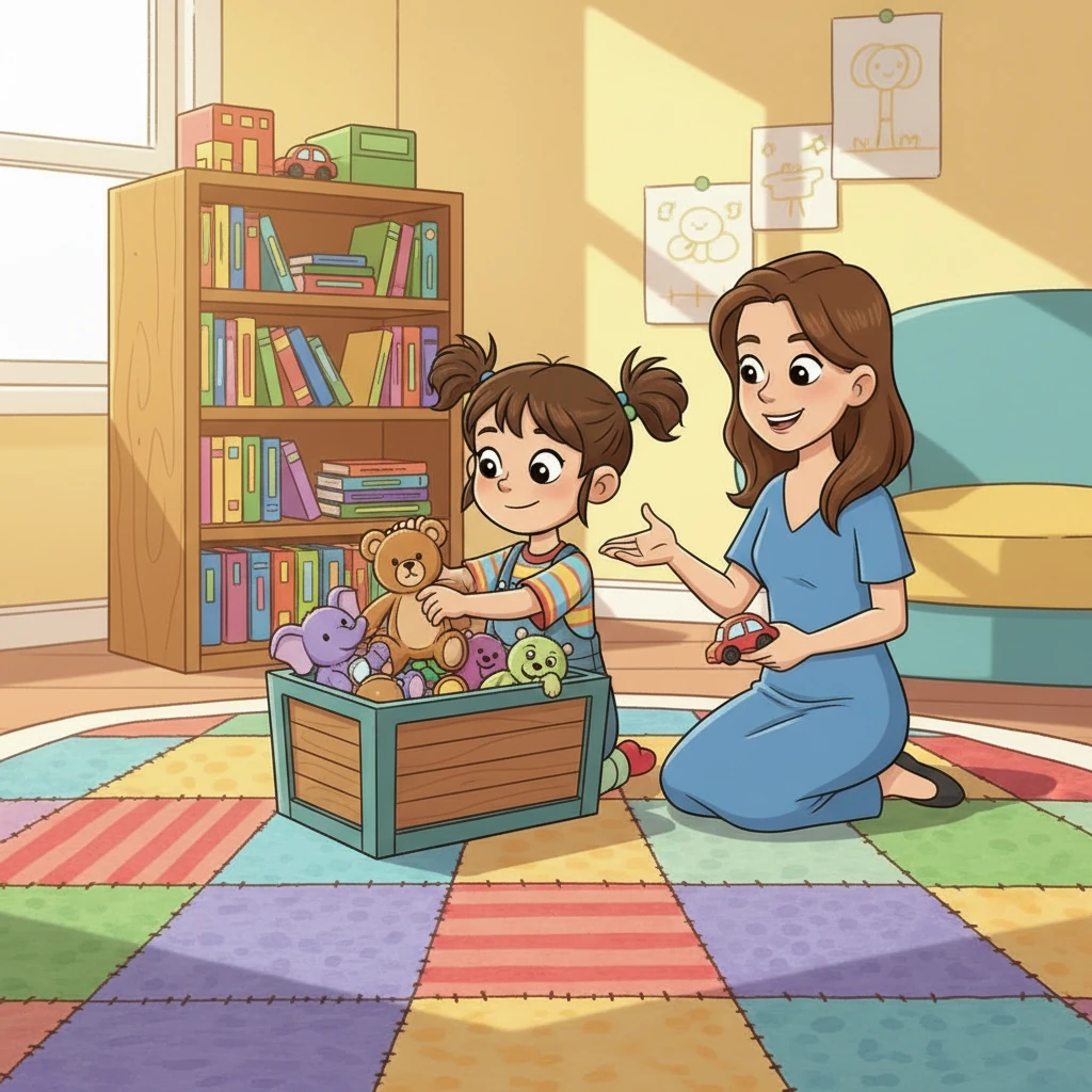 אמא מציעה רעיון: 'בואי נשחק משחק! כל צעצוע מוצא את הבית שלו'. היא מראה לאיה איך כל סוג של צעצוע שייך למקום מסוים – בובות לארגז הבובות, ספרים למדף.