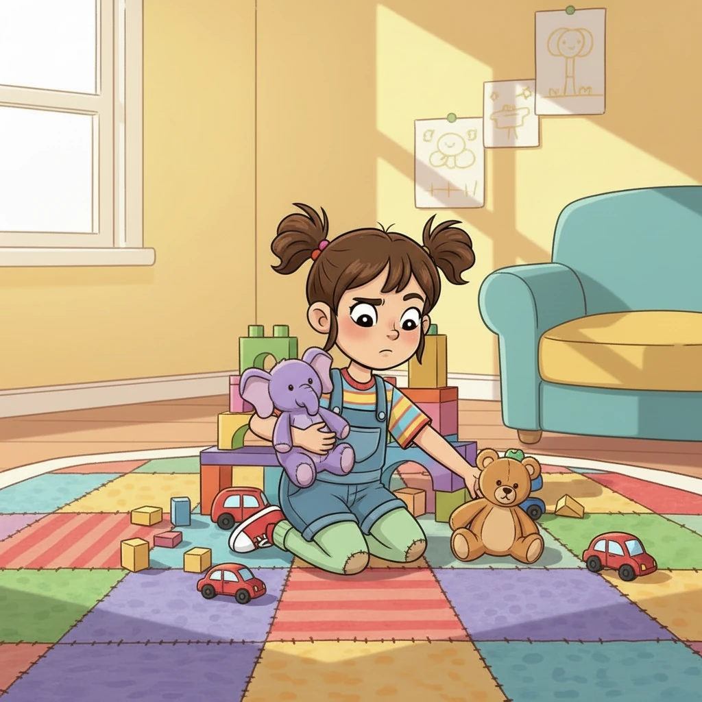 איה מתחילה לאסוף את הצעצועים לפי קטגוריות. היא מחזיקה בובה גדולה ביד אחת, ומושיטה את היד השנייה לבובה קטנה יותר. מבטה מתחיל להתמלא בנחישות, והיא כבר לא נראית מתוסכלת כמו קודם.