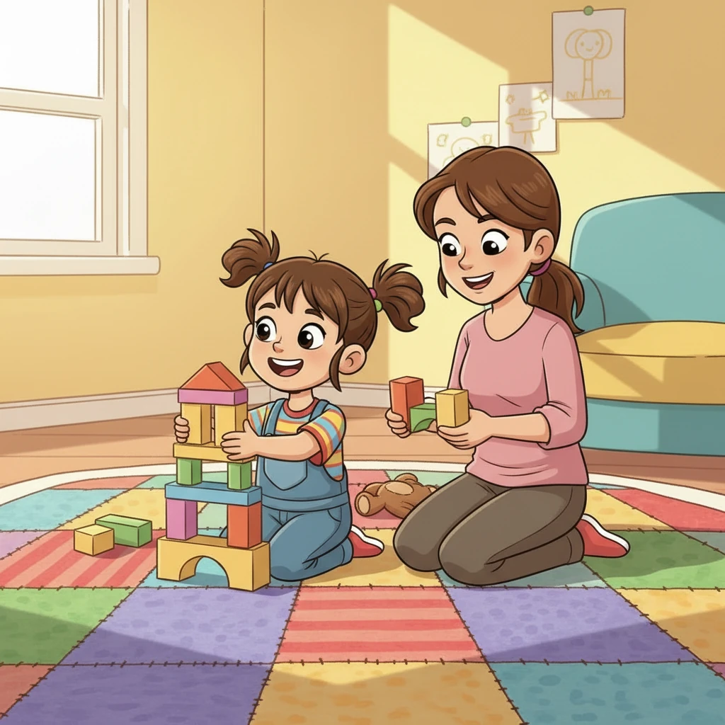 אמא ואיה עובדות יחד. אמא מרימה קוביות ואיה מניחה אותן בערימה מסודרת. הן צוחקות ושרות שירים קצרים על סדר וניקיון, ויוצרות אווירה של שיתוף פעולה וכיף.