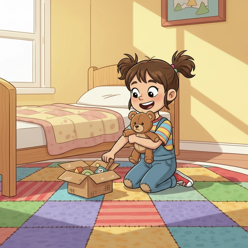 איה מגלה ארגז קטן מתחת למיטה, מלא בצעצועים נשכחים. היא מרימה דובי קטן וותיק, ומחבקת אותו בהפתעה ושמחה. היא מבינה שכשמסדרים, לפעמים מוצאים אוצרות ישנים.