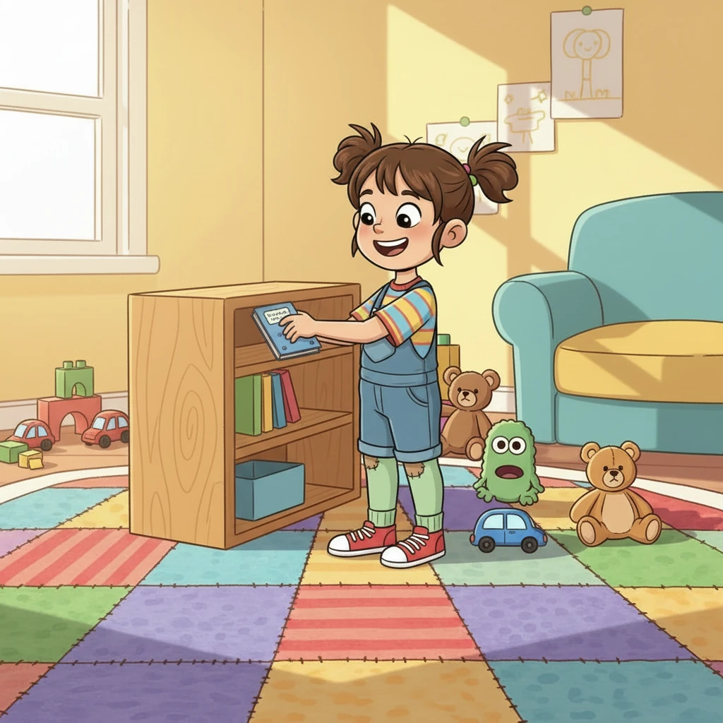 החדר מתחיל לקבל צורה. הר הצעצועים קטן, והרצפה נראית לעין. איה גאה בעצמה, כשהיא מניחה את הספר האחרון על המדף. היא מביטה סביבה בחיוך רחב ומאושר.