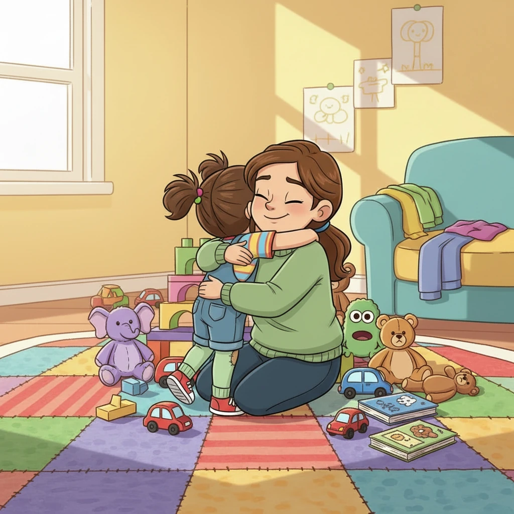 איה קוראת לאמא, שמגיעה ומחבקת אותה חזק. 'כל הכבוד, איה!' אמא אומרת בגאווה. איה מבינה שעם קצת עזרה, רעיון טוב, והרבה נחישות, אפשר להתמודד עם כל אתגר, אפילו עם חדר מבולגן.