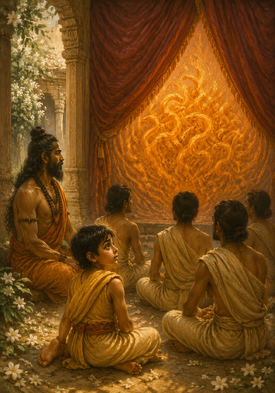 In a tranquil courtyard filled with the scent of jasmine, a group of students sits before a heavy, silken curtain. From behind the veil comes a voice of profound wisdom, teaching the secrets of the universe to those who listen with their hearts. Ananda, the youngest student, feels a spark of intense curiosity about the mysterious master who never shows his face.
