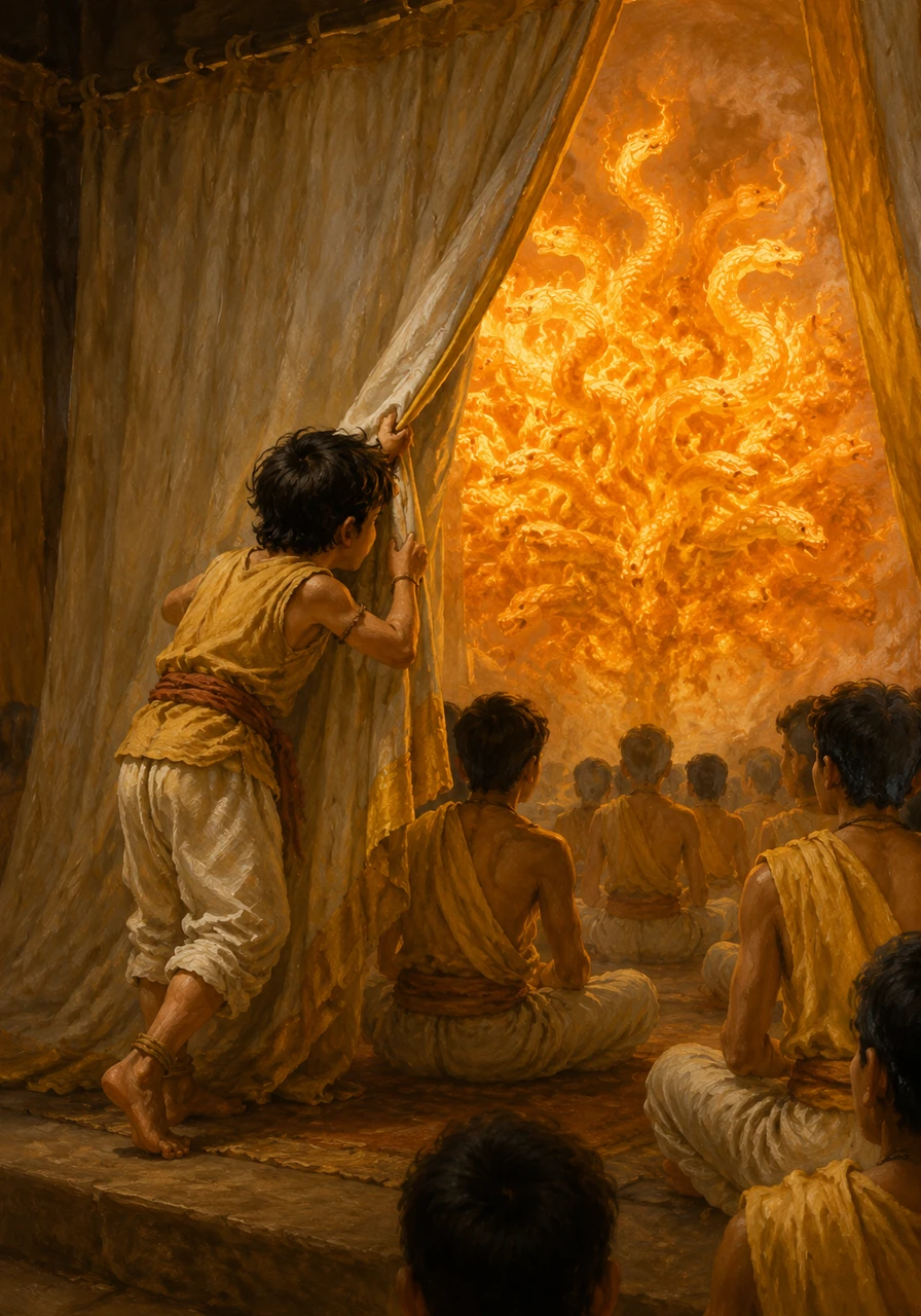 Driven by a sudden, irresistible urge, Ananda creeps toward the stage while the other students are lost in deep contemplation. His hand trembles as he reaches for the gold-trimmed fabric, slowly pulling it aside to see what lies behind the barrier. He expects to see an old man, but the reality is far more magnificent than he ever imagined.