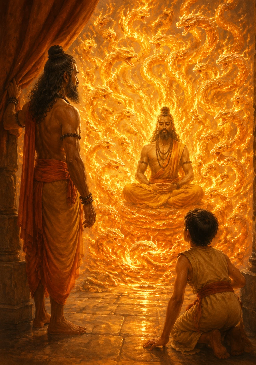 Behind the curtain, a thousand serpents made of flickering orange and gold flames coil and dance in the air. Each serpent moves with rhythmic grace, yet they all speak in a single, perfectly synchronized voice that resonates like a silver bell. The room is filled with a warm, celestial light that reveals the true, multi-faceted nature of the divine teacher.