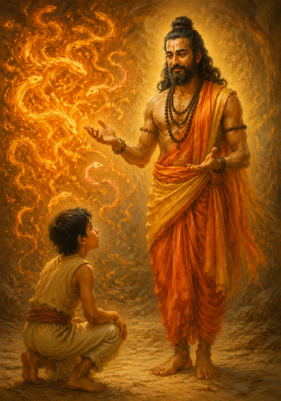 In an instant, the heavy curtain vanishes into thin air, and the thousand flaming serpents merge into the form of a man. Patanjali stands before Ananda in his human form, wearing a serene and knowing smile that puts the boy's heart at ease. He explains that the many serpents represent the scattered thoughts of the mind, which must be brought into harmony.