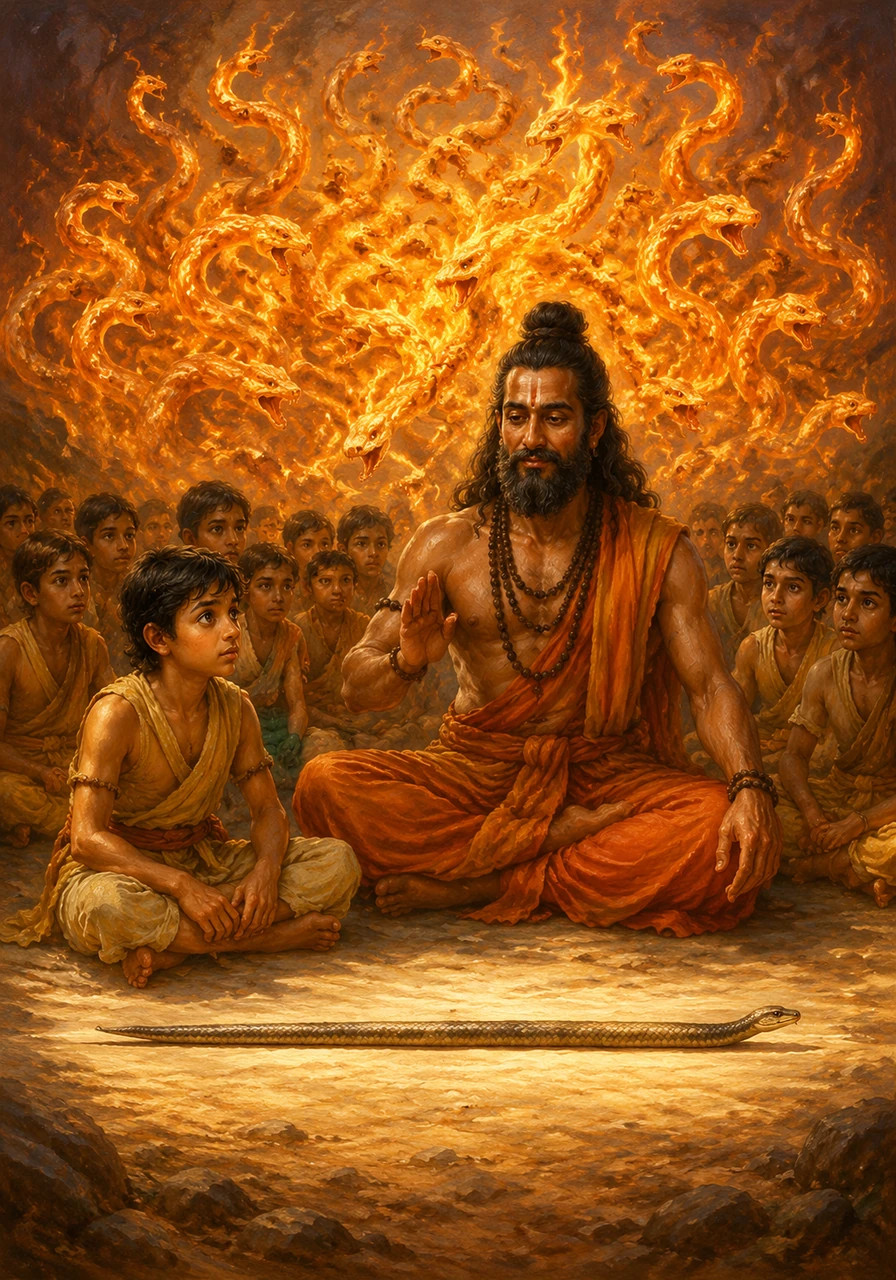Patanjali sits among his students, showing them how a serpent can hold its body in a perfectly straight, still line. He teaches that the mind, though often wild and slithering like a snake, can find peace through the discipline of breath and focus. The students watch in awe as the master demonstrates the balance between strength and absolute tranquility.