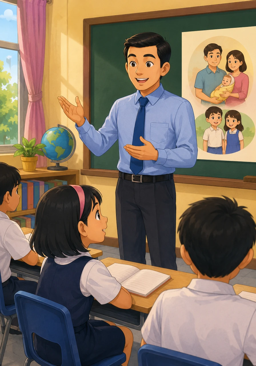 Di dalam bilik darjah yang ceria, Cikgu Harris memulakan kelas Sains dengan senyuman mesra. Aina duduk di barisan hadapan, mendengar dengan penuh minat apabila cikgu menyatakan bahawa manusia membiak untuk memastikan kesinambungan generasi mereka.