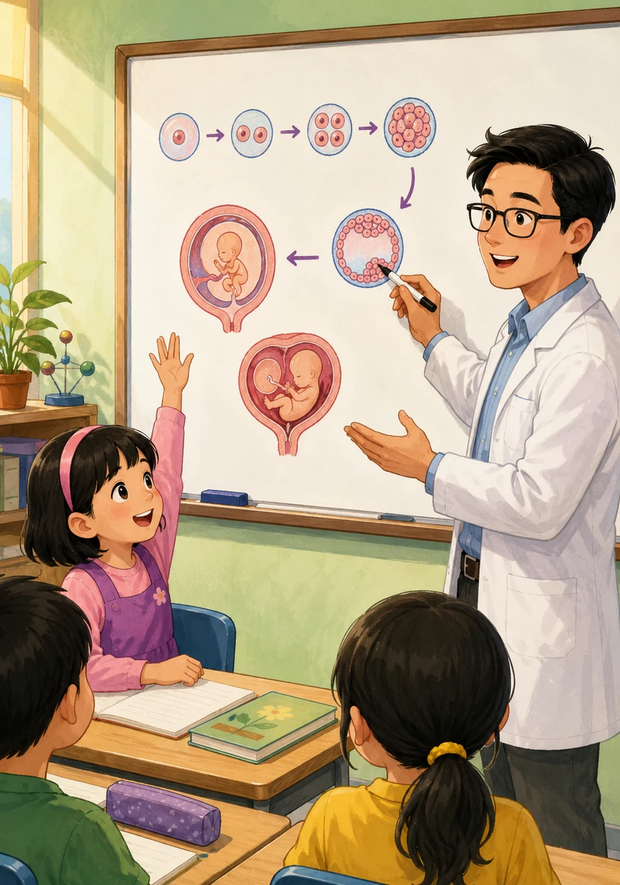Aina mengangkat tangan dengan penuh rasa ingin tahu, bertanyakan bagaimana seorang bayi yang comel boleh mula terbentuk. Cikgu Harris memuji soalan itu dan mula melukis carta berwarna-warni di papan putih untuk menjelaskan proses awal kehidupan.