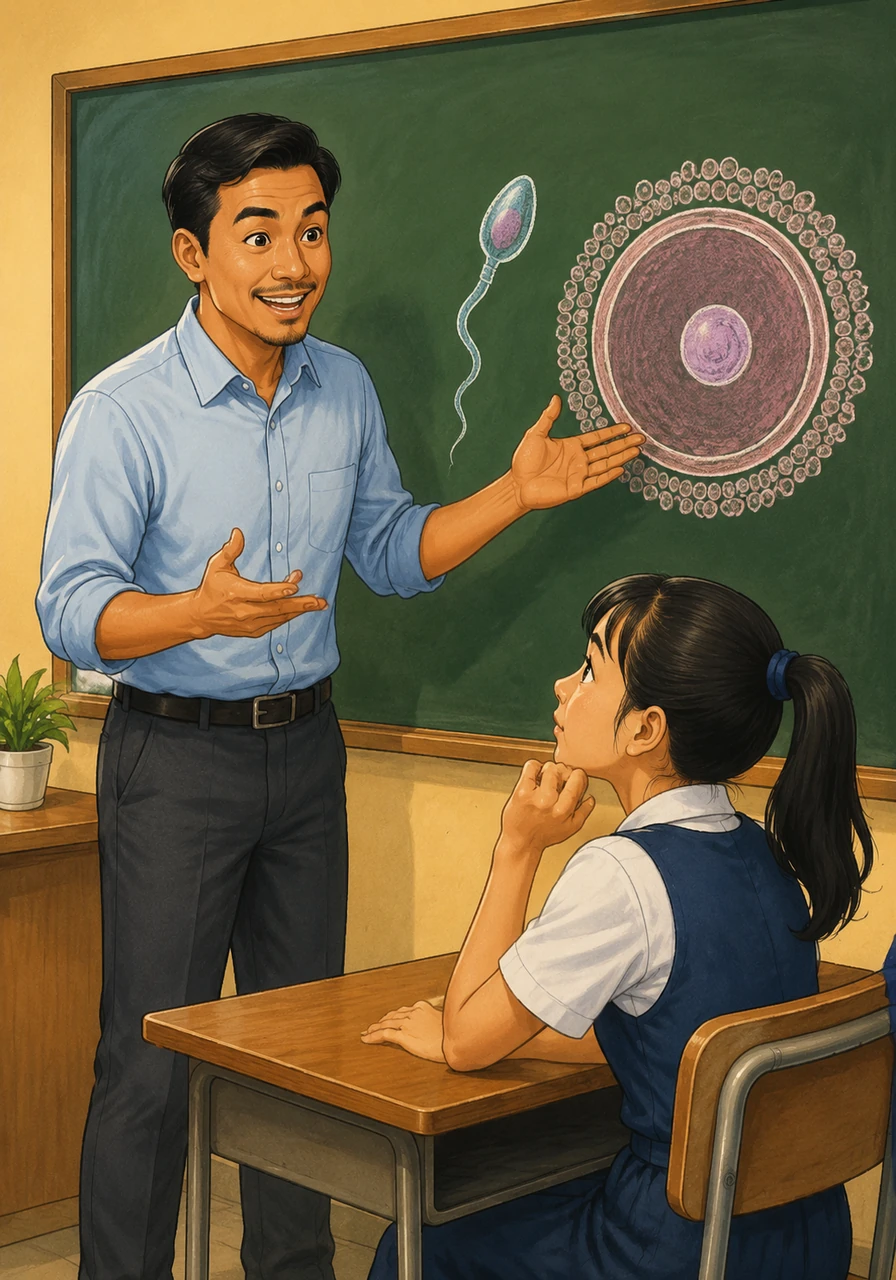 Cikgu Harris menerangkan bahawa proses ini melibatkan dua sel pembiakan yang sangat istimewa. Bagi lelaki, sel pembiakan tersebut dipanggil sperma, manakala bagi perempuan pula dipanggil ovum atau sel telur.
