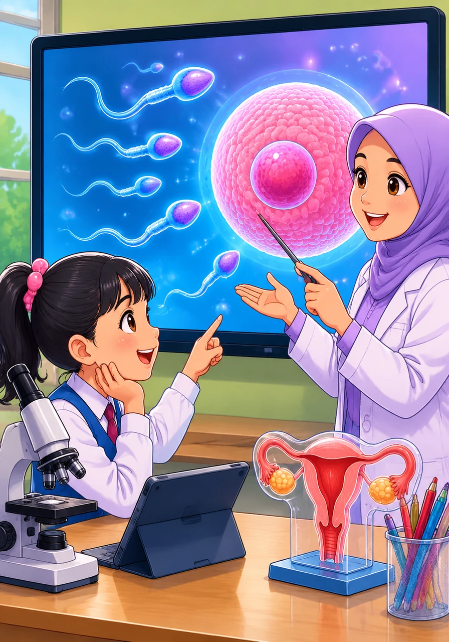 Aina melihat paparan skrin yang menunjukkan bentuk sperma yang mempunyai ekor panjang untuk berenang, dan ovum yang berbentuk bulat serta saiznya lebih besar. Kedua-dua sel ini membawa maklumat genetik yang penting untuk membentuk seorang manusia baharu.