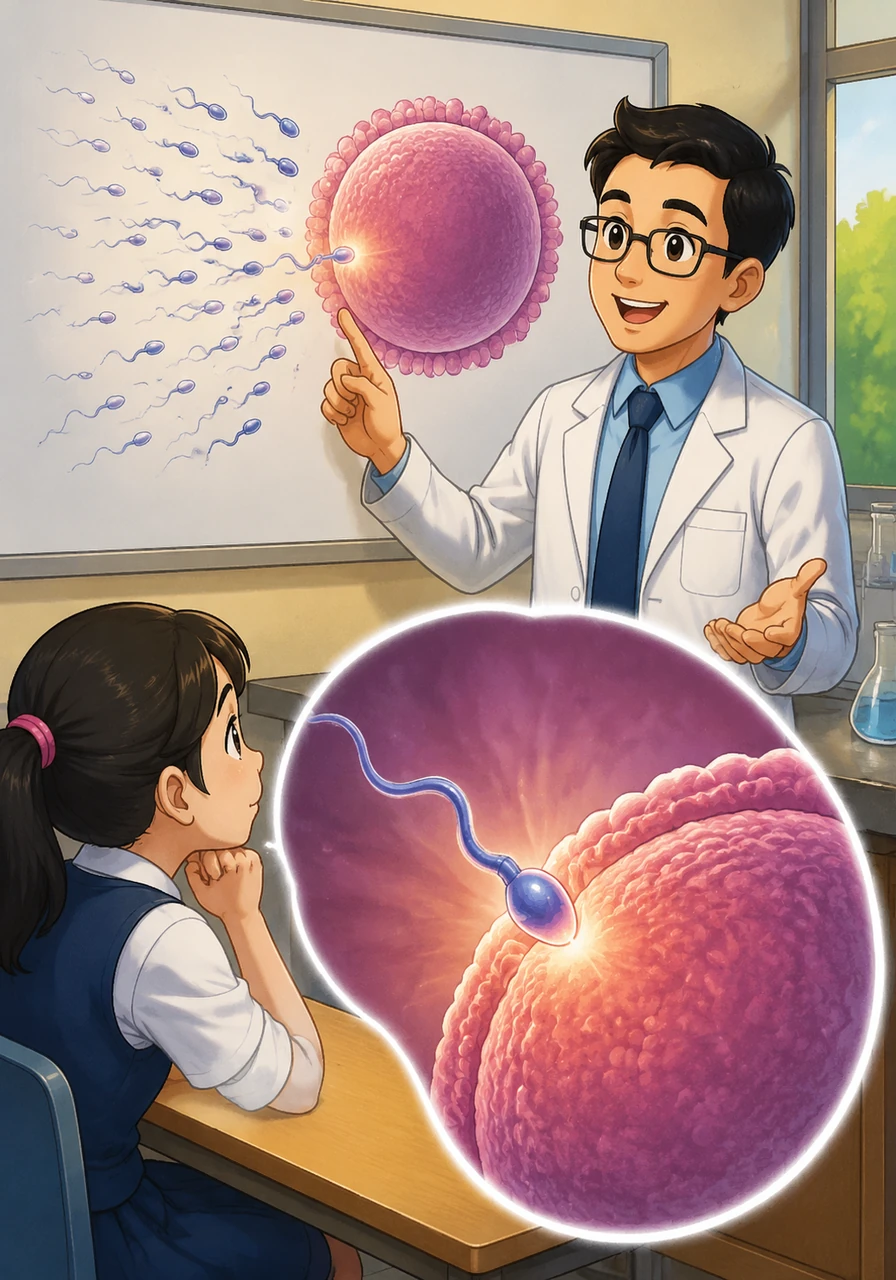 Seterusnya, Cikgu Harris menjelaskan bahawa apabila beratus-ratus sperma berenang menuju ke arah ovum, hanya ada satu sperma yang paling kuat akan berjaya menembusi dinding ovum. Detik keemasan di mana kedua-dua sel ini bersatu dipanggil sebagai proses persenyawaan.