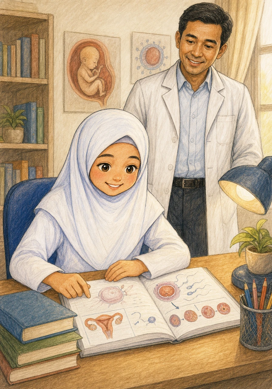 Aina tersenyum puas sambil mengulang kaji nota Sainsnya yang kemas, berasa kagum dengan keajaiban proses persenyawaan yang dilaluinya hari ini. Dia kini sedar betapa berharganya setiap kehidupan dan bertapa pentingnya menghargai serta menjaga kesihatan diri sejak awal lagi.