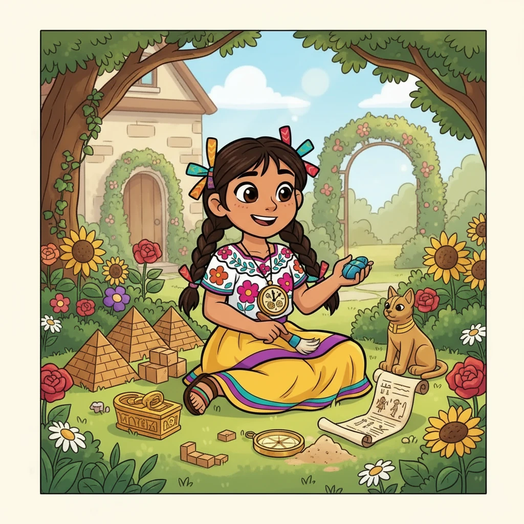 Chesu, una niña curiosa con ojos brillantes, jugaba en el jardín de su casa. Siempre le fascinaban los misterios del pasado, especialmente el antiguo Egipto. Soñaba con pirámides, faraones y tesoros escondidos.