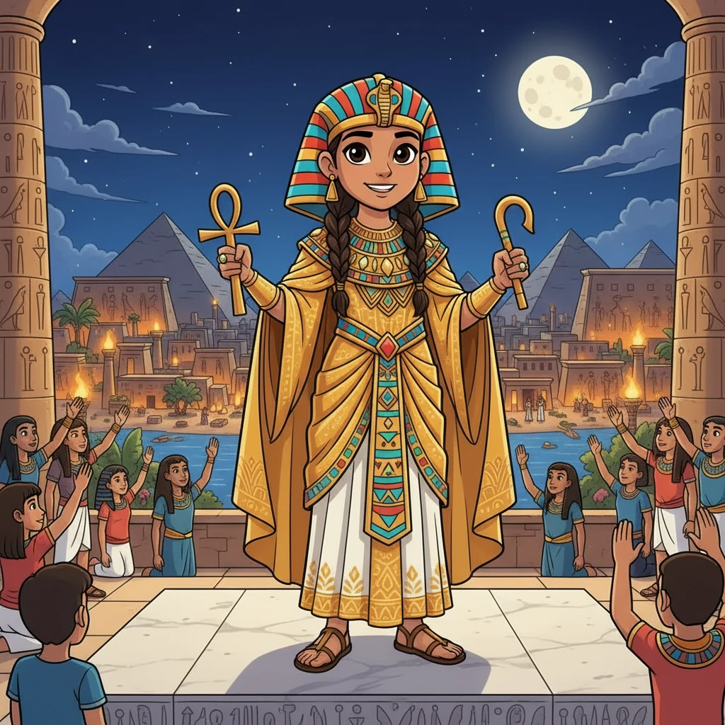 Una noche, Chesu tuvo un sueño vívido. Se vio a sí misma como una poderosa faraona, vestida con ropas doradas y adornada con joyas resplandecientes. Gobernaba con sabiduría y gracia.