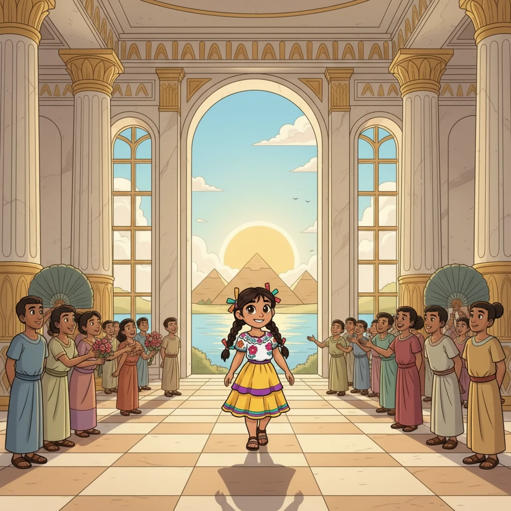 En su sueño, Chesu caminaba por un palacio majestuoso, rodeada de sirvientes y admirada por su pueblo. El sol brillaba sobre el río Nilo, y las pirámides se alzaban orgullosas en el horizonte.