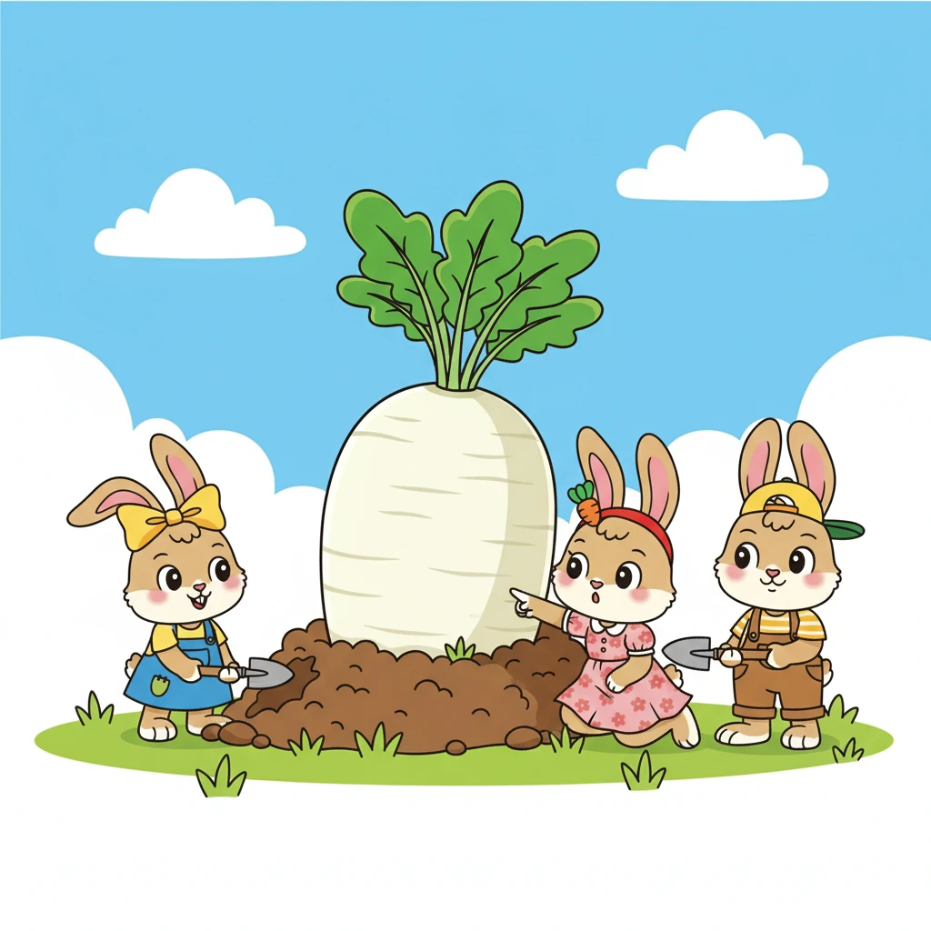 兔小乖叫来了兔小美和兔小乐。它们一起扒开泥土，发现了一个又大又胖的白萝卜，简直像一个小山丘一样！