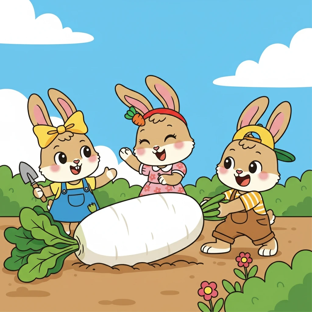 兔小乐兴奋地提议：“我们把它拔出来吧！” 兔小美也点头同意，它们都想尝尝这个大萝卜的味道。