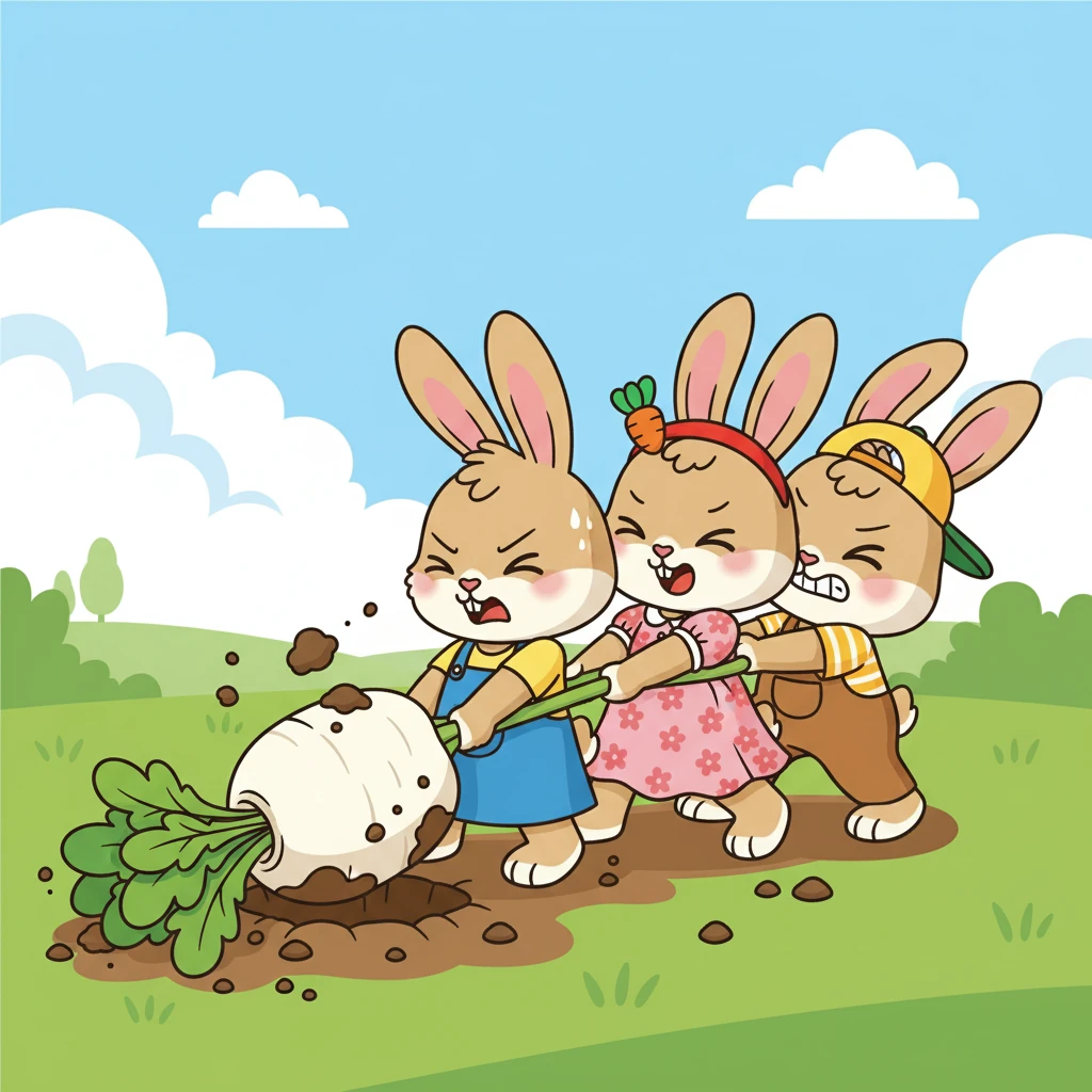 三只小兔子一起用力，兔小乖在前，兔小美和兔小乐在后，它们齐心协力，终于把白萝卜拔了出来，萝卜从泥土里慢慢地露出了它白胖的身影。