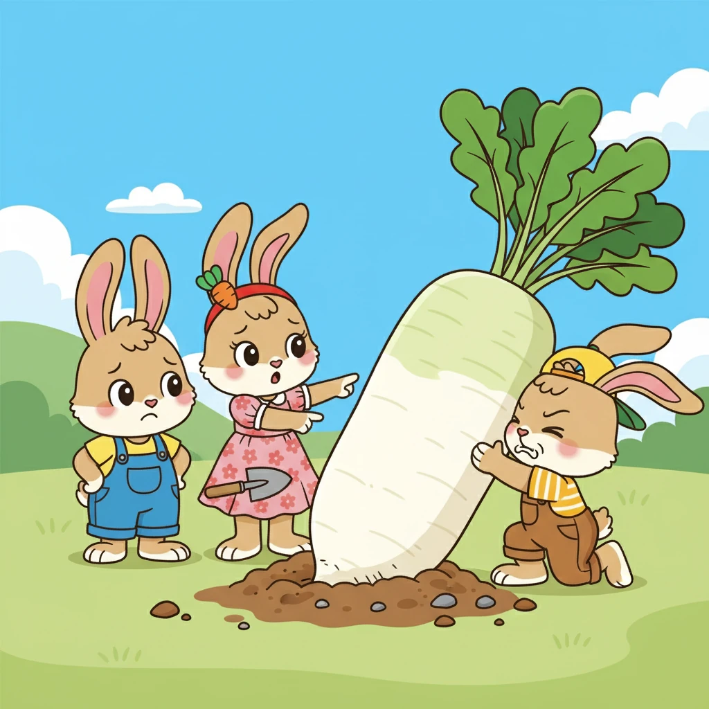 可是，这个白萝卜实在是太大了！三只小兔子根本搬不动它。它们围着萝卜，一脸的愁容。