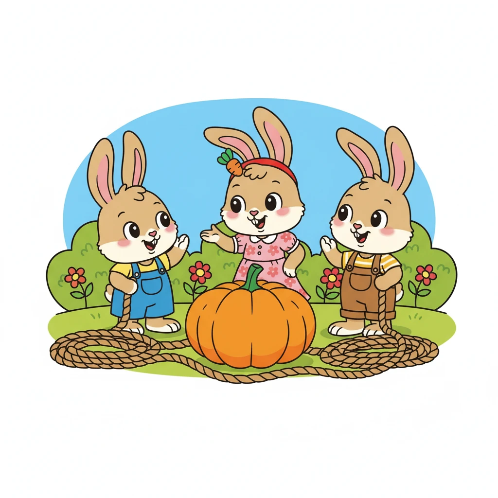 兔小美灵机一动，说：“我们可以用绳子把它绑起来，然后一起拉！” 兔小乖和兔小乐都觉得这个主意不错。