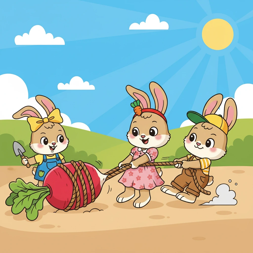 它们找来一根长长的绳子，把萝卜紧紧地绑住。然后，三只小兔子一起用力拉，在阳光下，它们的身影显得格外可爱。