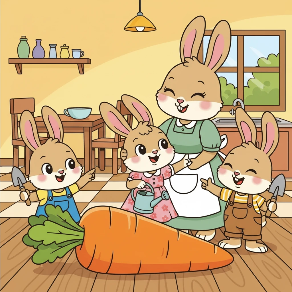 经过一番努力，三只小兔子终于把萝卜运回了家。它们兴奋地告诉兔妈妈，兔妈妈也为它们感到骄傲。