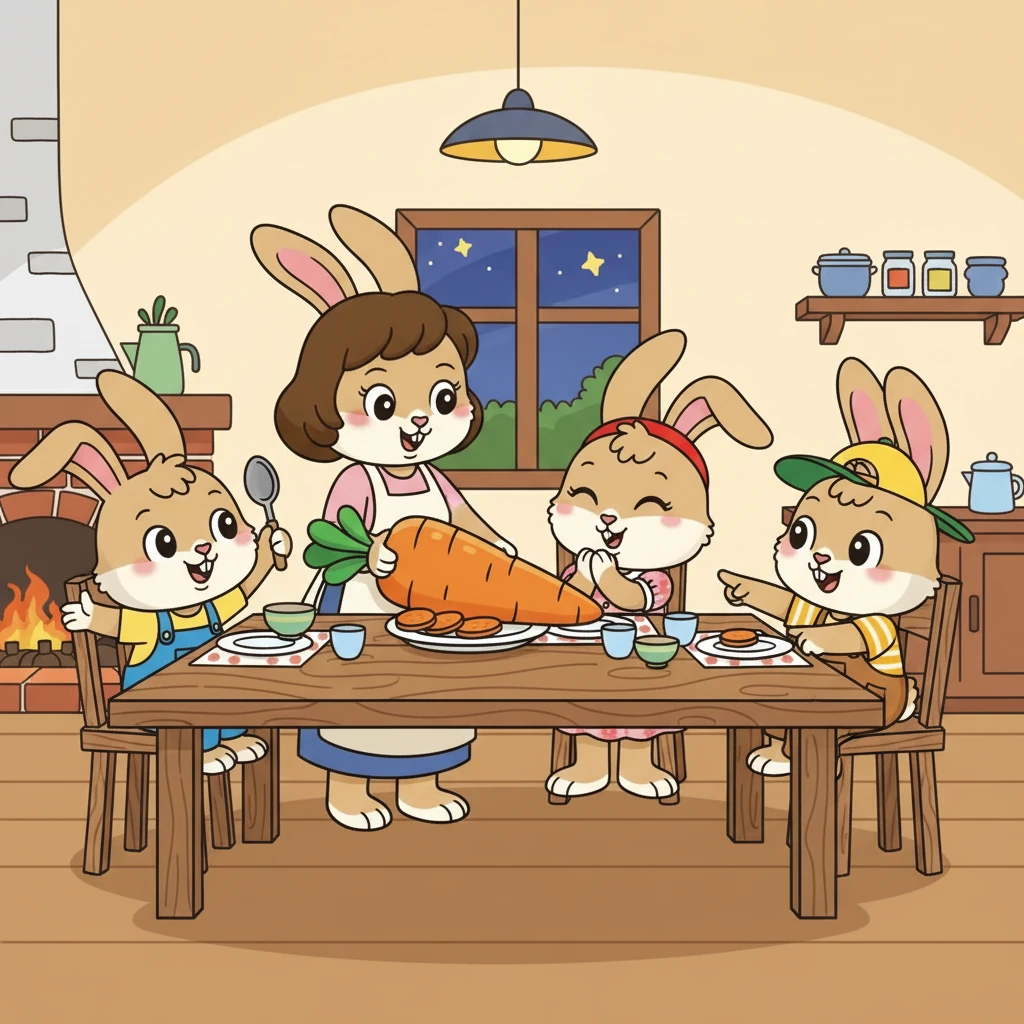 最后，兔妈妈用这个大萝卜做了一顿美味的晚餐，一家人开心地享用着。兔小乖、兔小美和兔小乐的故事，也成为了农场里最美的回忆。