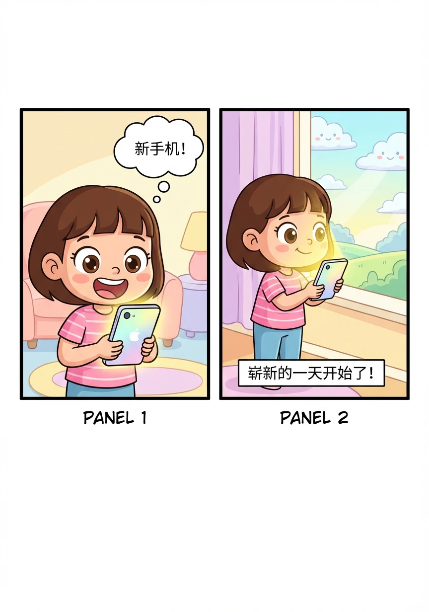 艾米莉手里拿着她心爱的手机，一个崭新的iPhone 16。她正准备开始新的一天，手机屏幕闪烁着明亮的光芒。