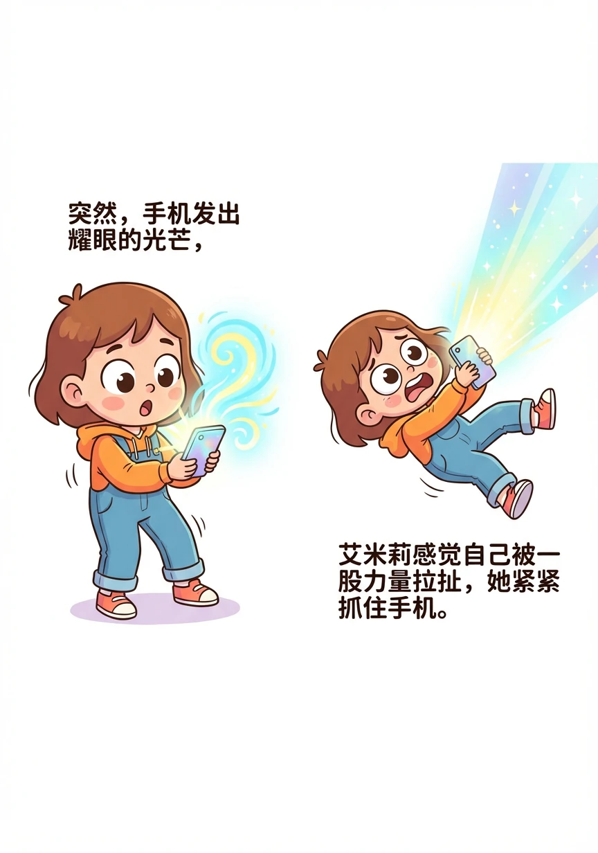 突然，手机发出耀眼的光芒，艾米莉感觉自己被一股力量拉扯，她紧紧抓住手机。