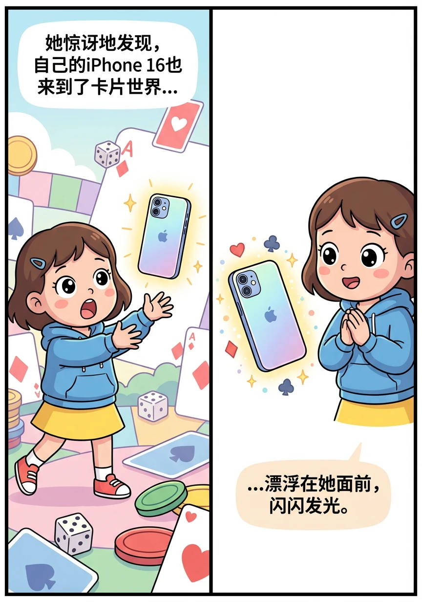 她惊讶地发现，自己的iPhone 16也来到了卡片世界，漂浮在她面前，闪闪发光。