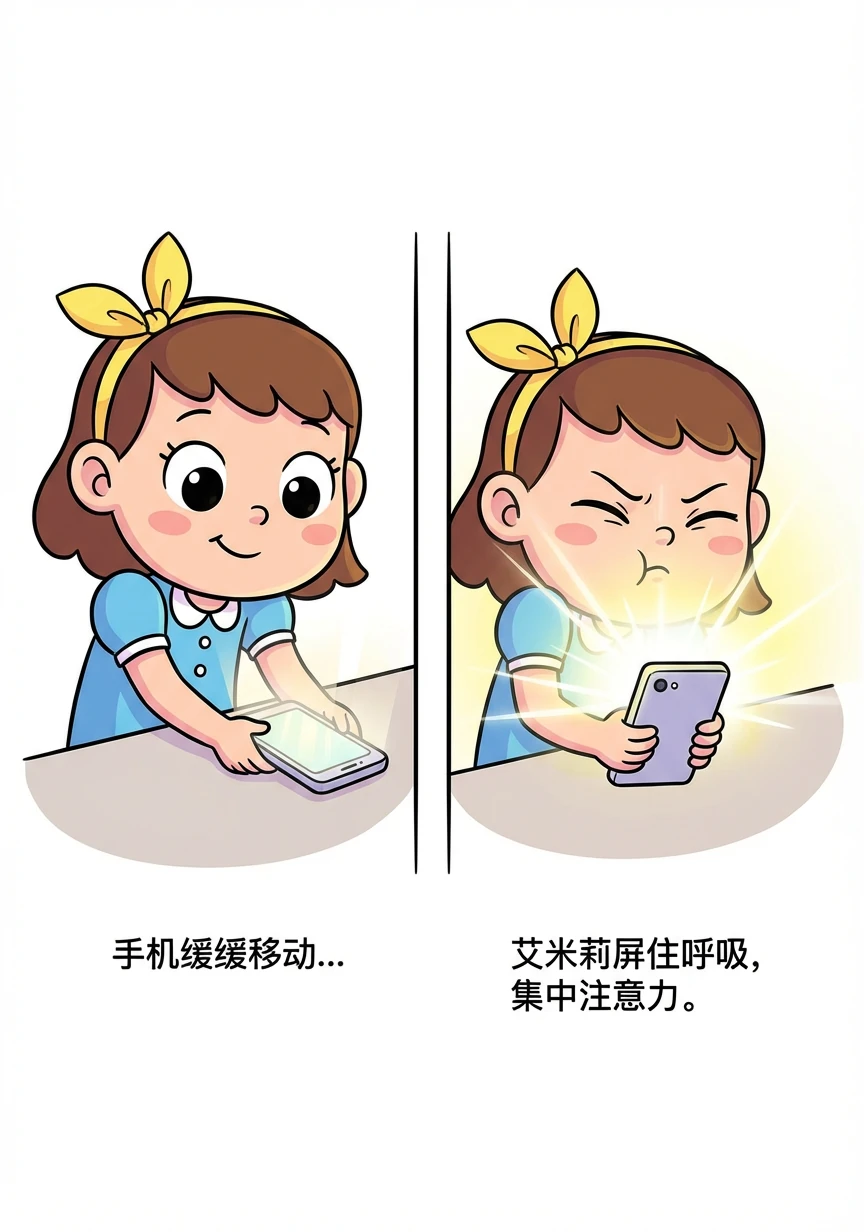手机缓缓移动，周围的光芒更加耀眼。艾米莉屏住呼吸，集中注意力。