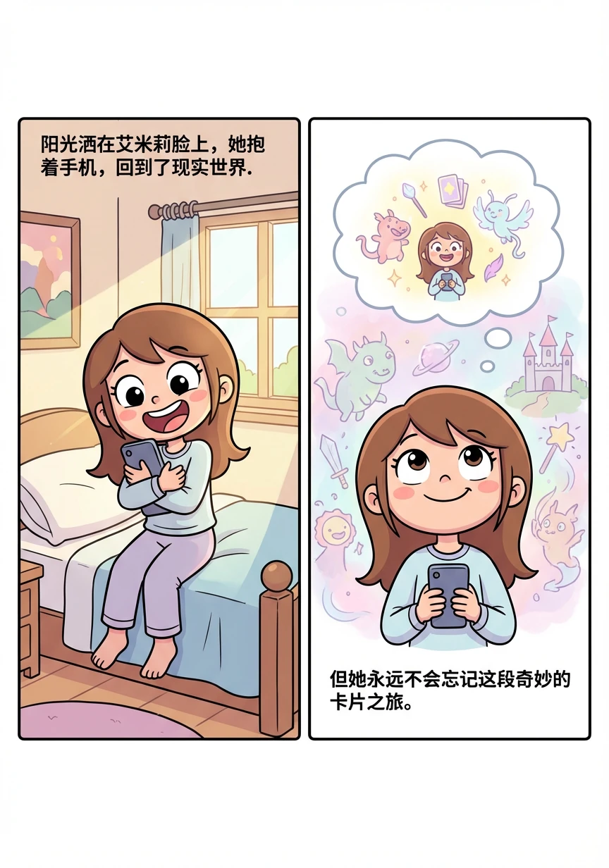 阳光洒在艾米莉脸上，她抱着手机，回到了现实世界。但她永远不会忘记这段奇妙的卡片之旅。