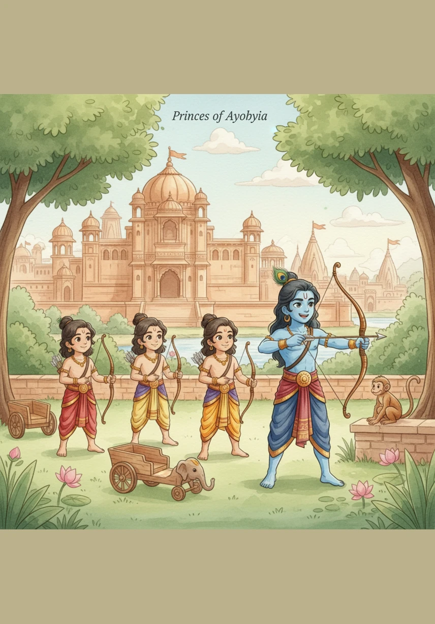 In the beautiful city of Ayodhya, four brave princes were born to King Dasharatha. The eldest was Rama, a kind and strong boy who was loved by everyone in the kingdom for his gentle heart and radiant smile.