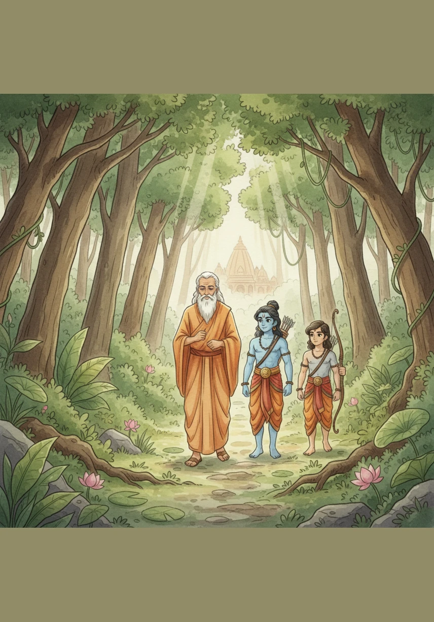 As a young man, Rama and his brother Lakshmana followed the wise Sage Vishwamitra into the deep forest. With great courage and magical arrows, Rama protected the peaceful hermits by defeating the fearsome demons that troubled them.