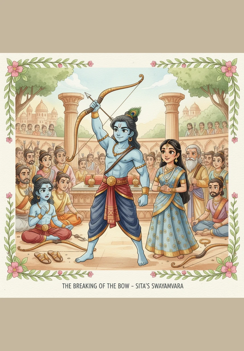 In the kingdom of Mithila, Rama stood before a giant, heavy bow that belonged to Lord Shiva. With effortless strength, he lifted the bow and snapped it in two, winning the hand of the beautiful Princess Sita in marriage.
