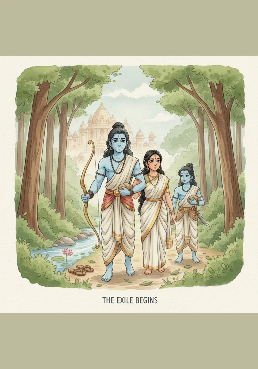 To keep a promise made by his father, Rama dressed in simple clothes and prepared to live in the forest for fourteen years. He was joined by his devoted wife Sita and his loyal brother Lakshmana, who walked beside him into the green wilderness.