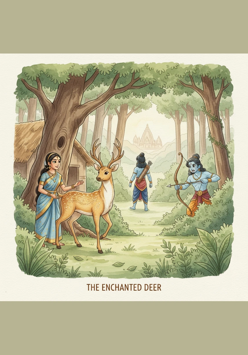 One day, a shimmering golden deer appeared near their forest hut, sparking Sita's curiosity. Rama chased the magical creature deep into the woods, not knowing it was a clever trick to draw him away from their home.