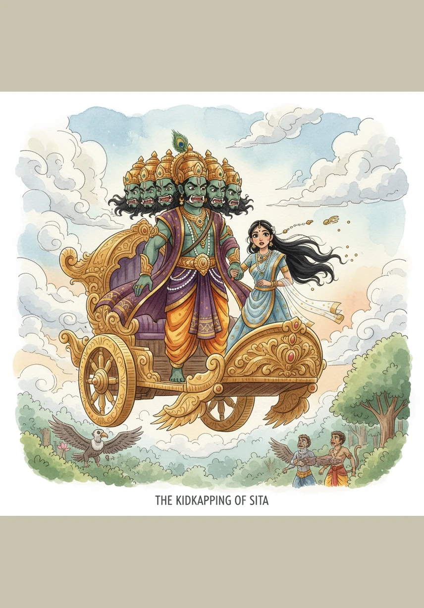 While Rama was gone, the ten-headed demon king Ravana arrived in a flying chariot and took Sita away to his island kingdom of Lanka. Sita dropped her jewelry along the way, hoping Rama would find the trail and rescue her.