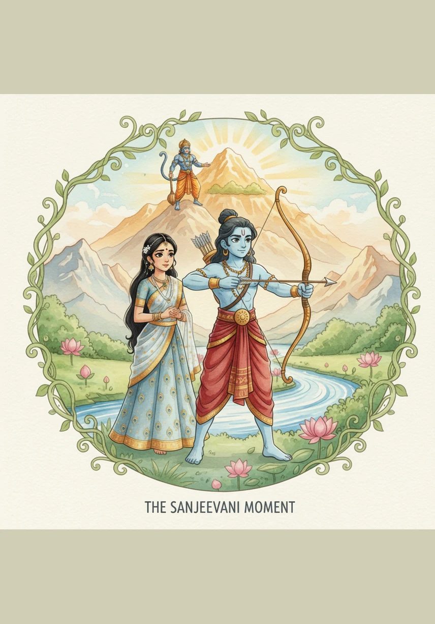 Searching for Sita, Rama met the powerful monkey hero Hanuman and the monkey king Sugriva. Hanuman jumped across the vast ocean to find Sita and promised that Rama’s army would soon come to save her.