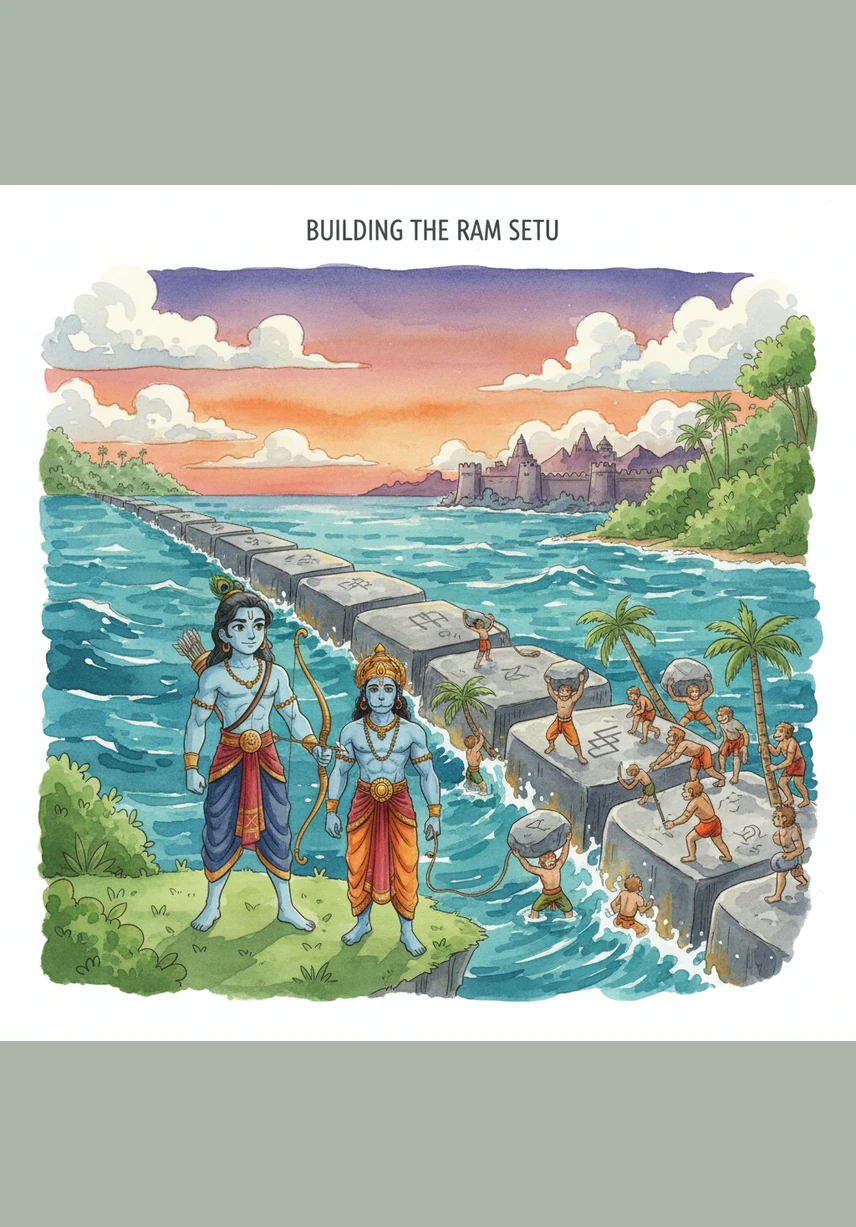 To reach the island of Lanka, the monkey army worked together to build a magnificent bridge made of floating stones. Every animal, from the giant bears to the tiny squirrels, helped Rama cross the sea to bring Sita home.