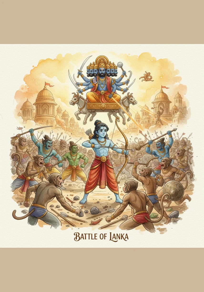A great battle began between Rama’s army and Ravana’s forces under the bright sun. With a final, powerful arrow of light, Rama defeated the demon king and proved that goodness and truth always win in the end.
