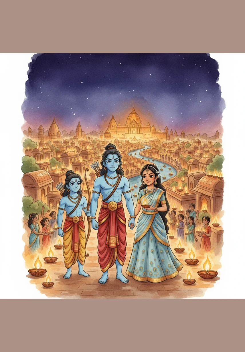 Rama, Sita, and Lakshmana returned to Ayodhya, where the people lit thousands of oil lamps to guide their way in the dark. This joyful celebration became known as Diwali, the festival of lights, honoring the return of their beloved king.