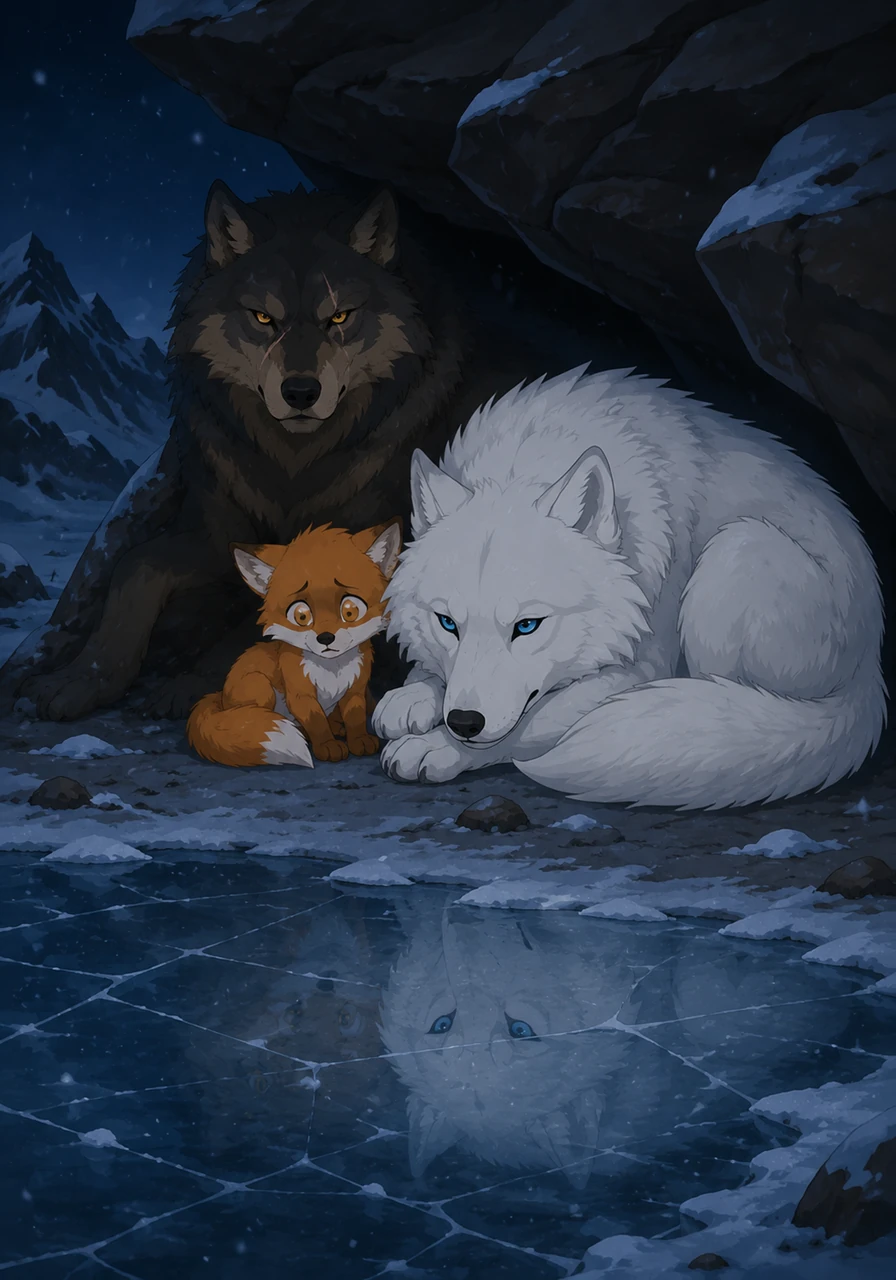 As night fell, Layla found shelter beneath a jagged rock overhang, shivering against the biting cold. She looked into a frozen pool of water and wondered why being beautiful and different felt like such a heavy burden to carry.
